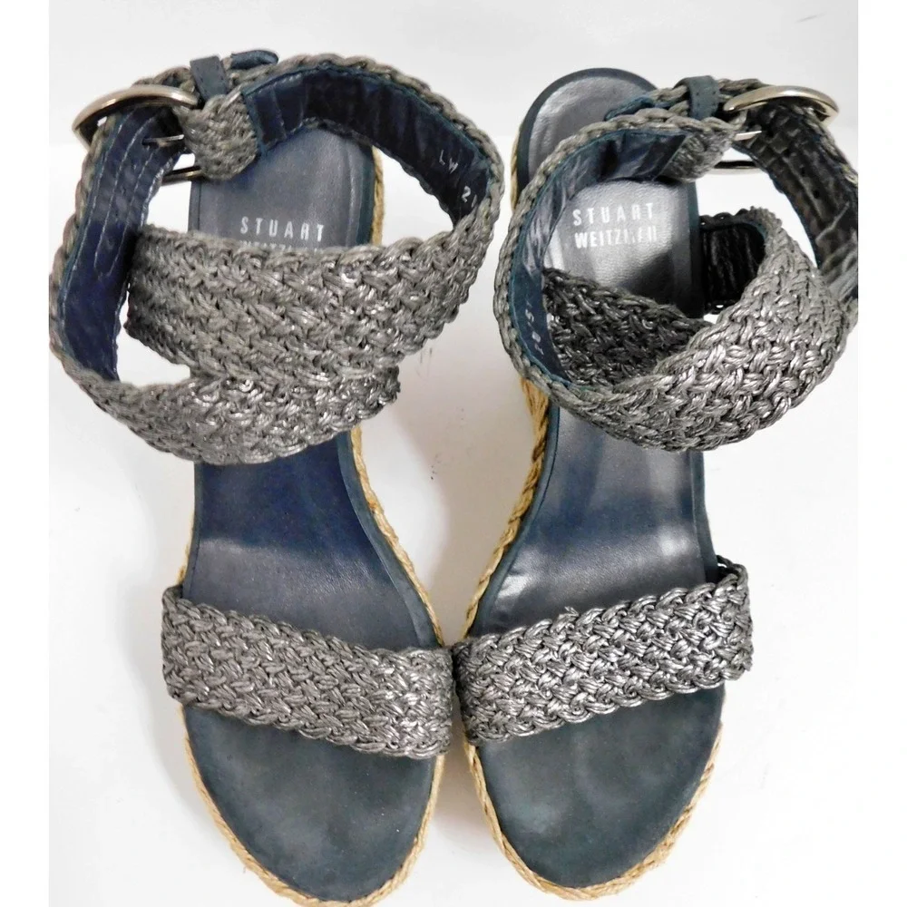 Stuart Weitzman Alex Pewter Wedge Espadrille Woven Ankle Macrame Wedges 8.5 M‎ - Picture 3 of 6